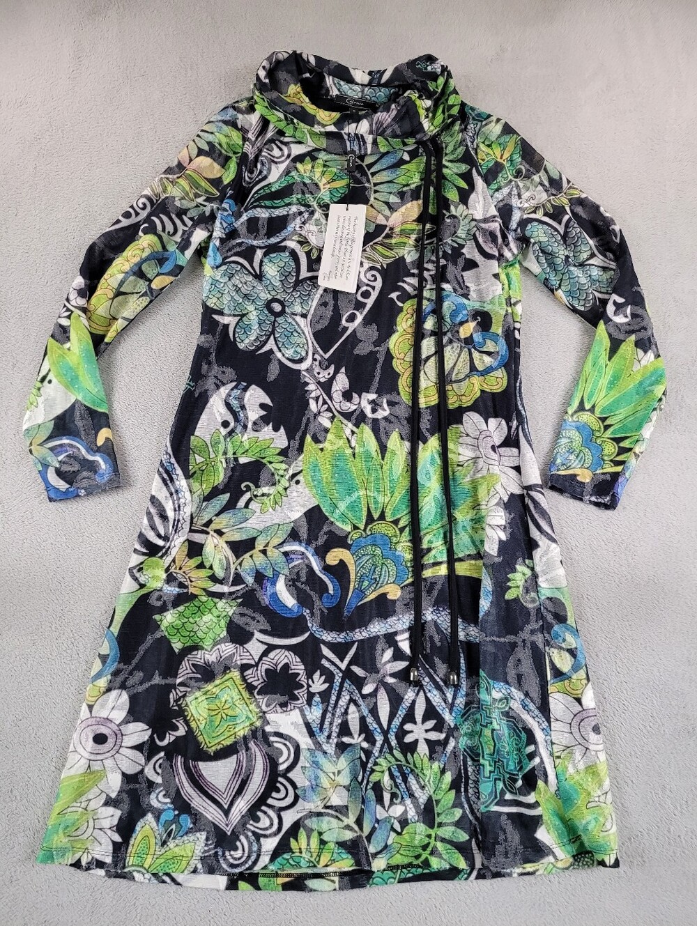 Cativa Black And Green Floral Print Long Sleeve Drawstring Neck Dress